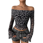 Damen Off-Shoulder Bluse mit Leopardenmuster Sovae
