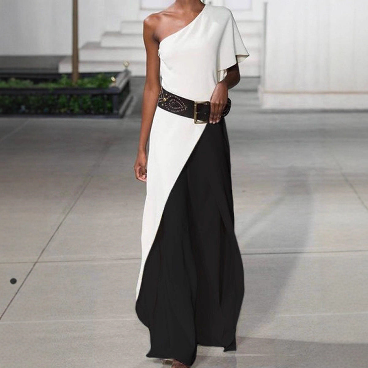 Damen Elegantes Einseitiges Maxikleid mit asymmetrischem Schnitt und schickem Gürtel Sovae