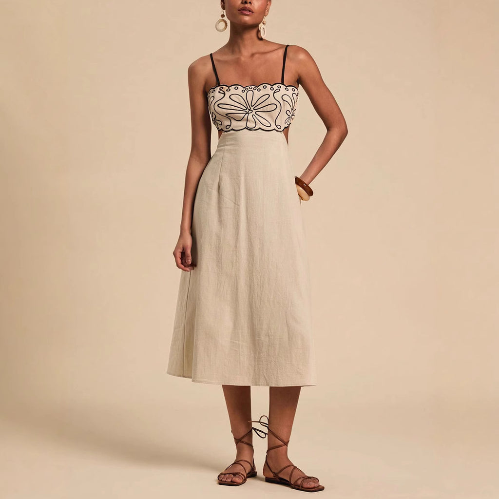 Damen Midikleid mit floralem Stickdesign und verstellbaren Trägern Sovae
