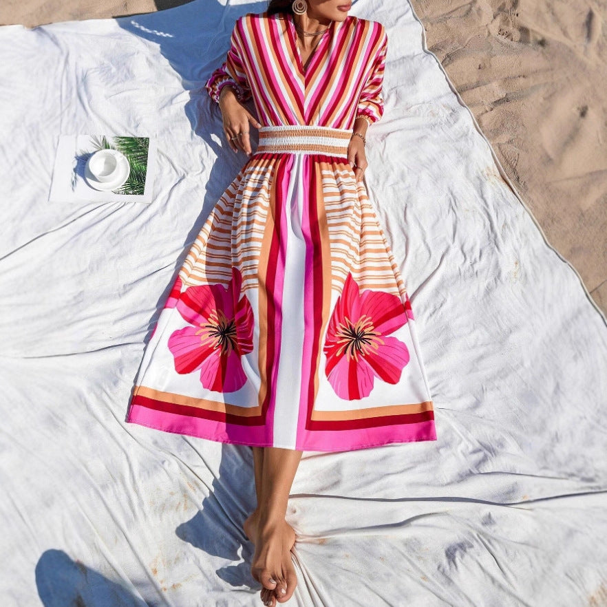 Damen Elegantes Maxikleid mit floralem Design und Streifen Sovae