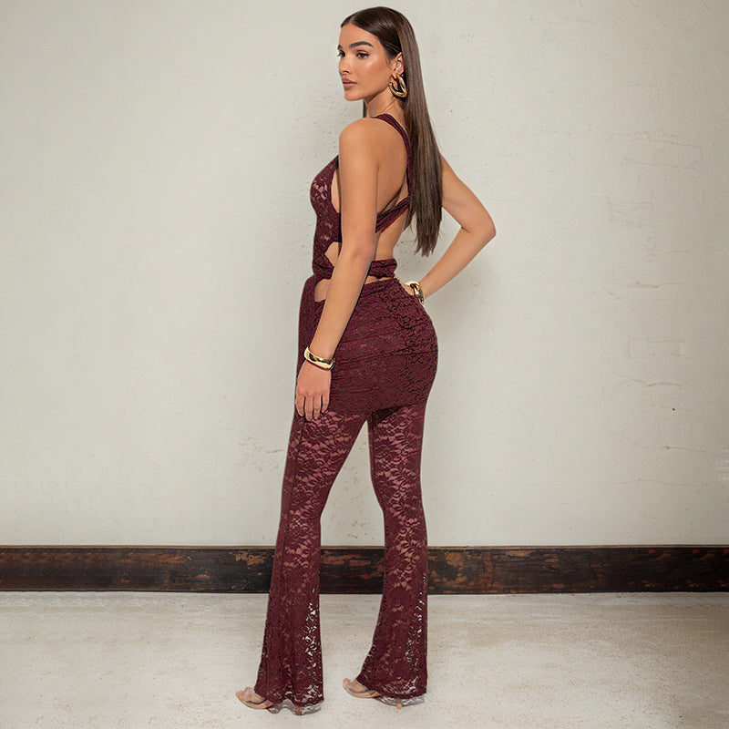 Damen Elegantes Spitzenset mit Hochgeschnittenem Top und Flared-Hosen Sovae