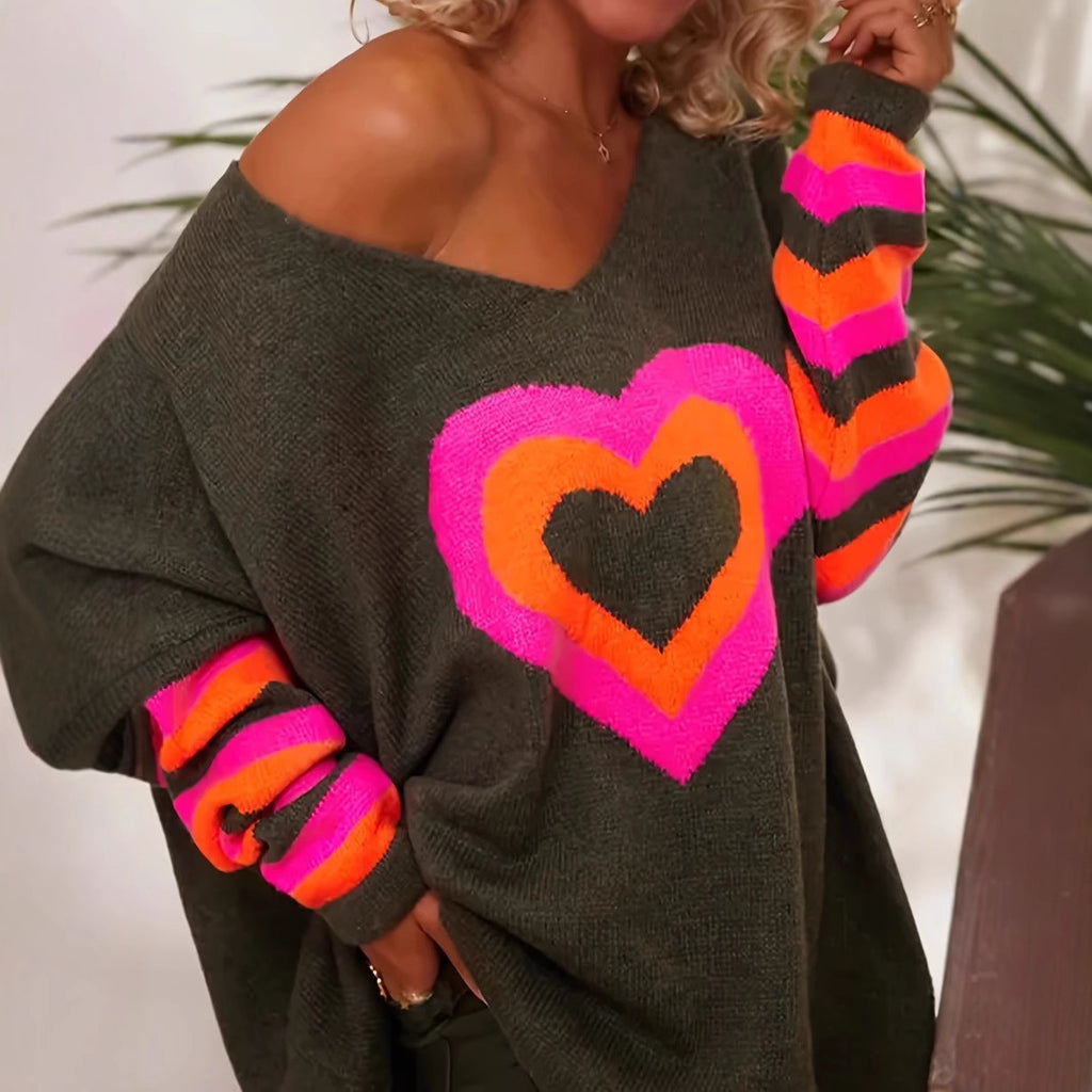 Damen Oversized Pullover mit Herzmotiv und bunten Streifen Sovae