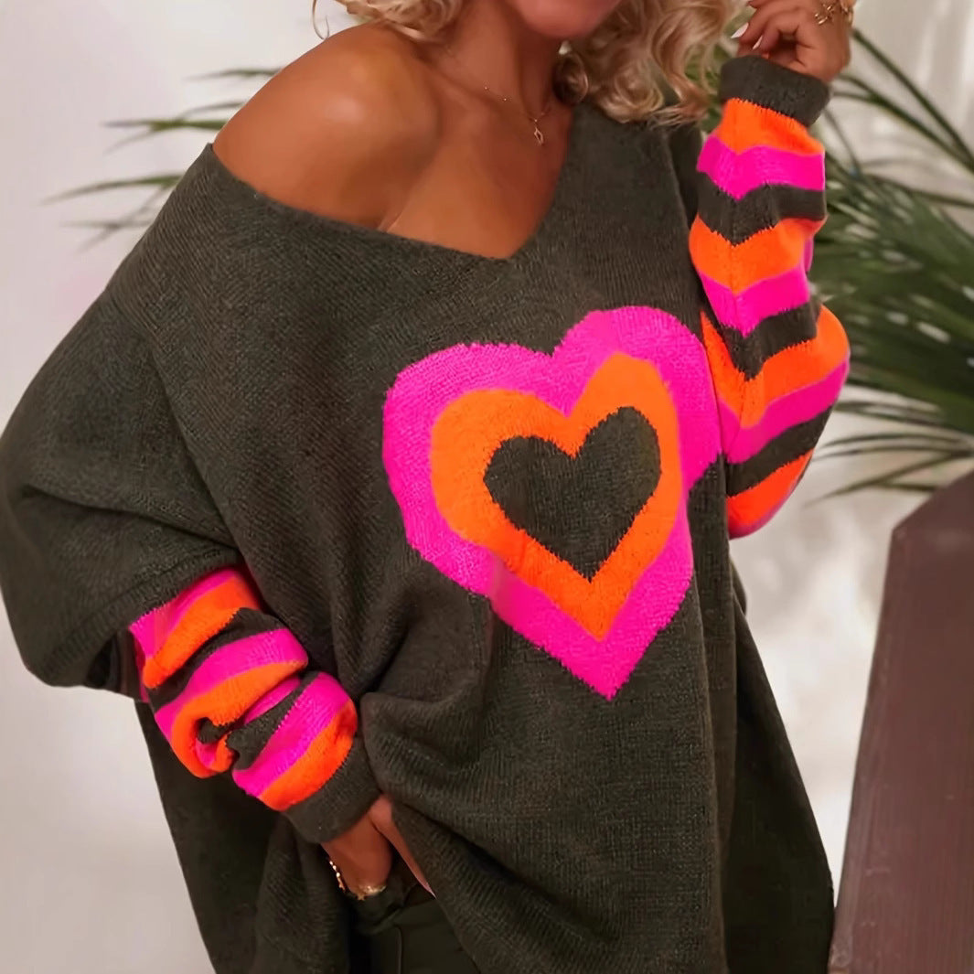 Damen Oversized Pullover mit Herzmotiv und bunten Streifen Sovae