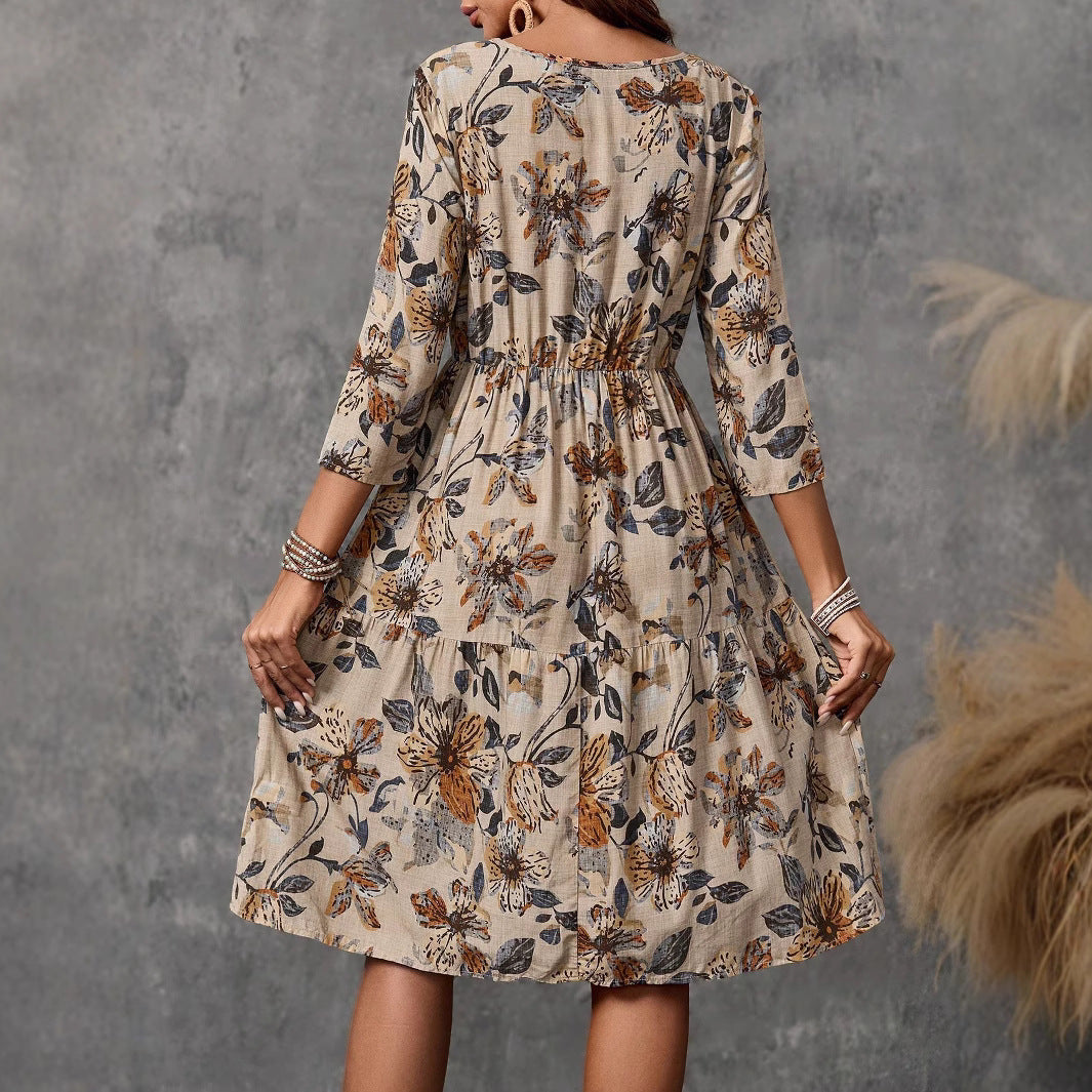 Damen Midikleid im verspielten Floral-Design mit ausgestelltem Rock und langen Ärmeln Sovae