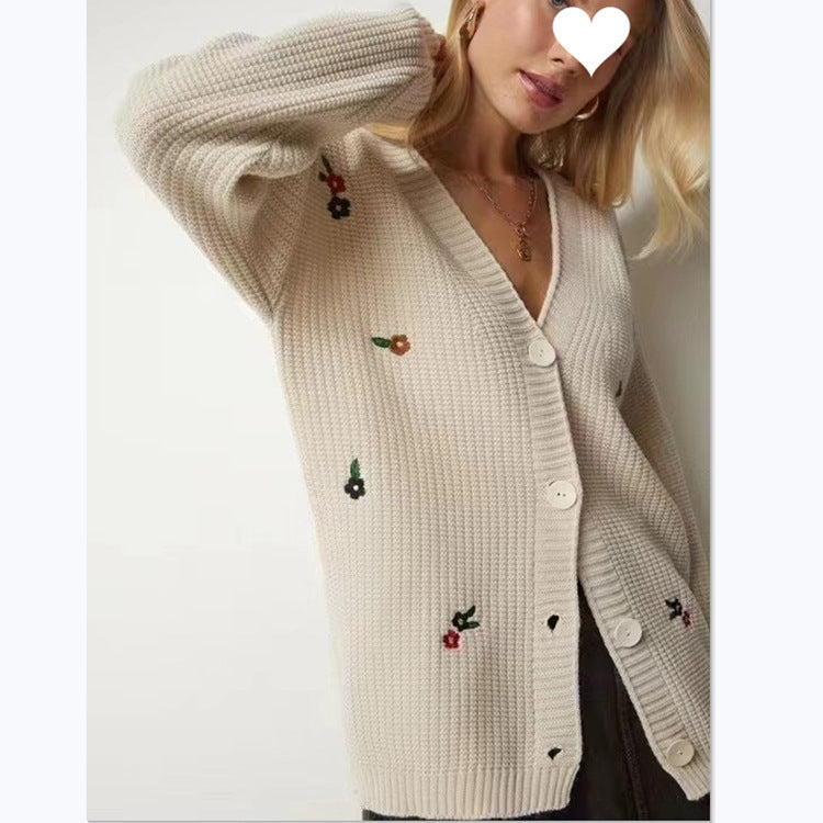 Damen Strickjacke mit floralem Stickdesign und komfortablem Schnitt Sovae
