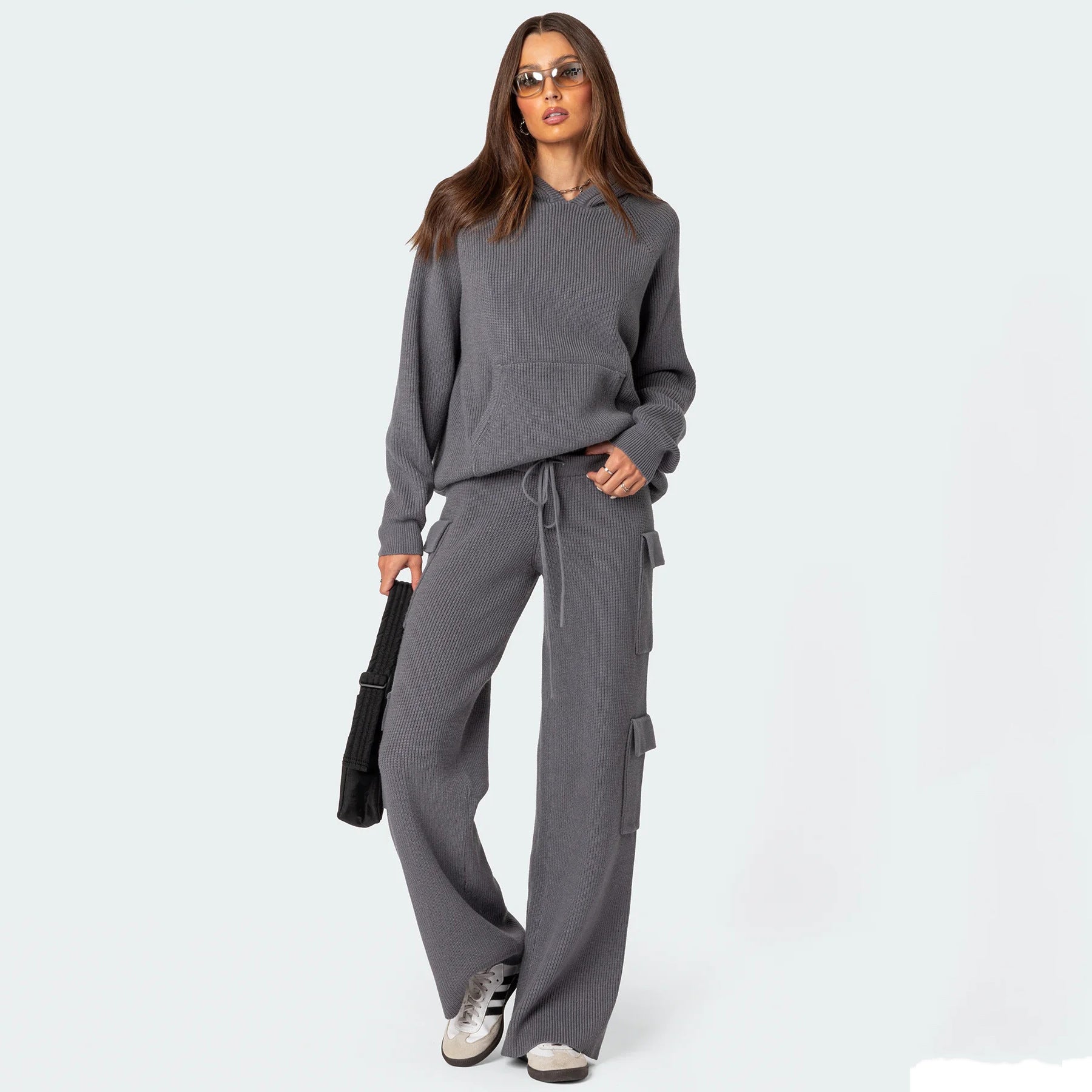 Damen Kuscheliges Rippstrick-Hoodie mit Kängurutasche Sovae