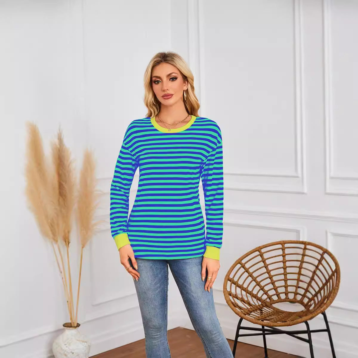 Damen gestreiftes Langarmshirt mit farblich abgesetztem Kragen Sovae