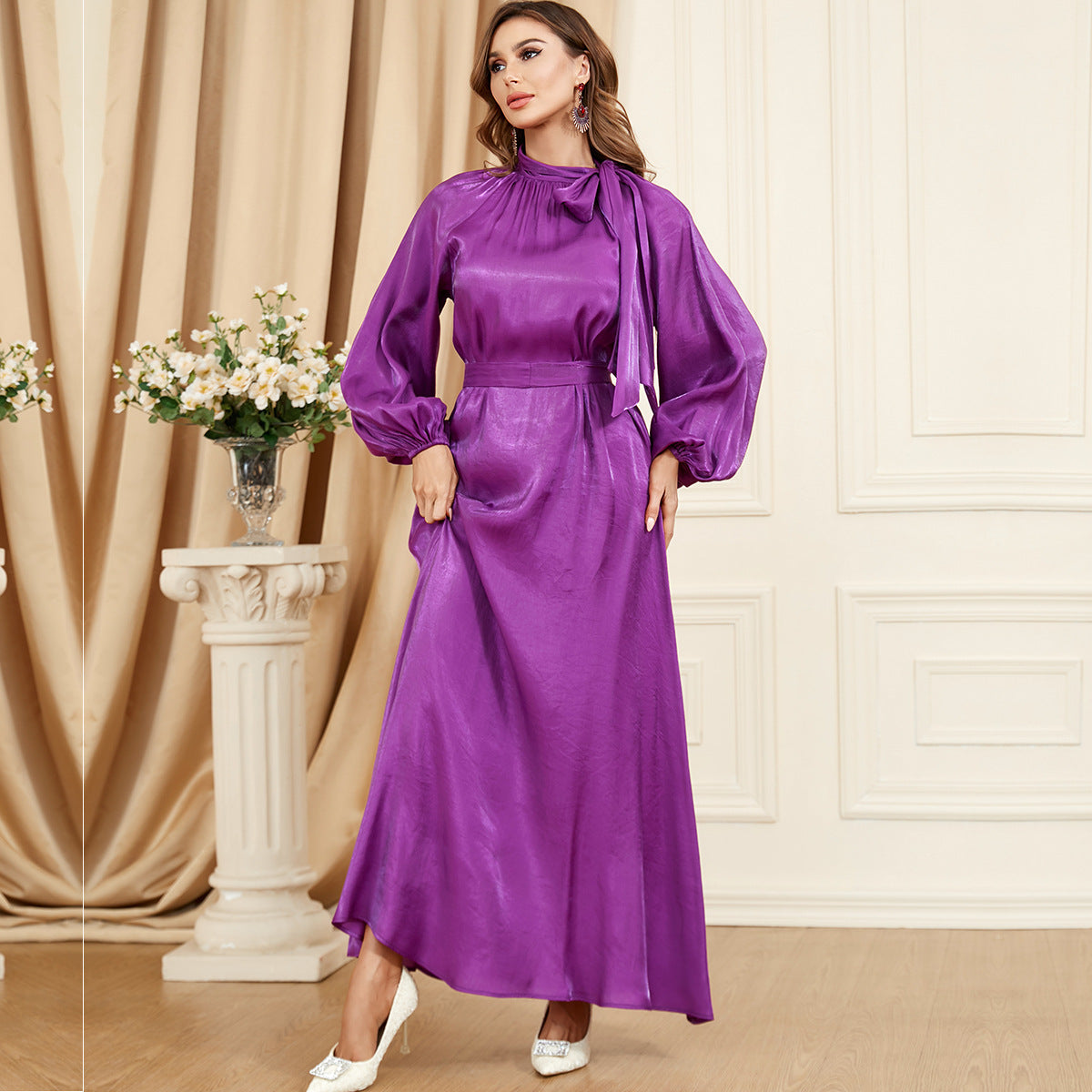Damen Elegantes, langes Satin-Maxikleid mit Volantärmeln Sovae