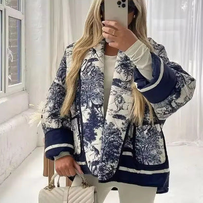 Damen leichte Steppjacke im botanischen Design mit großen Taschen Sovae
