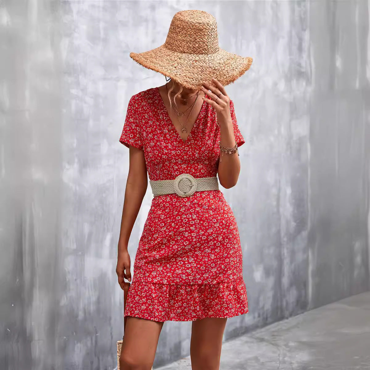 Damen Sommerliches Minikleid mit floralem Design und verspieltem Saum Sovae