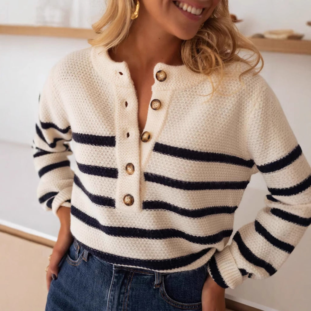 Damen hochwertiger gestreifter Strickpullover mit Knopfdetail und lässigem Schnitt Sovae