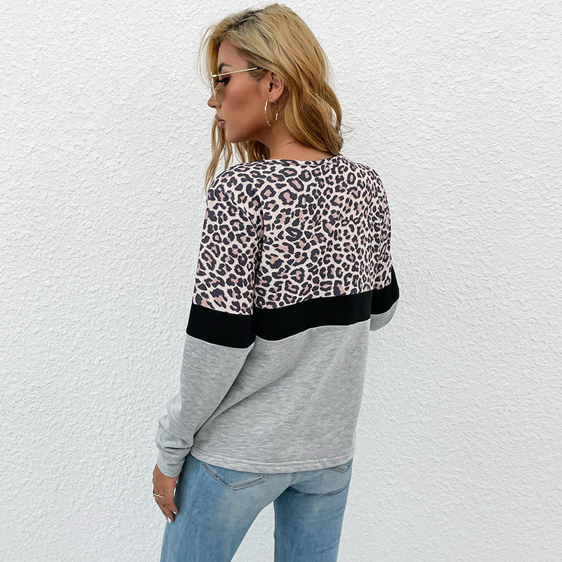 Damen V-Ausschnitt Sweatshirt mit Leopardenmuster und Kontrastband Sovae
