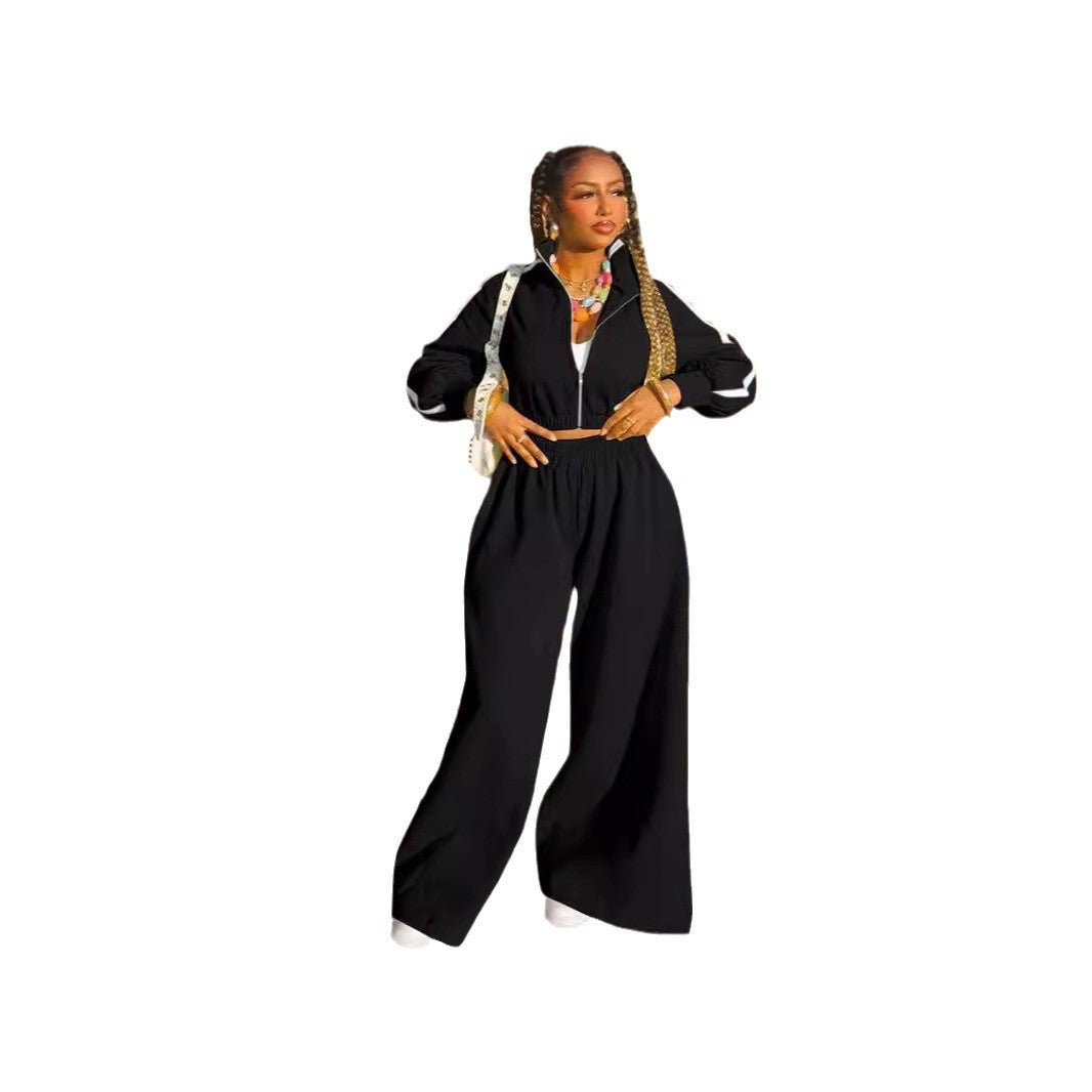 Damen lässiges Sportanzug-Set mit cropped Jacke und weiten Hosen Sovae