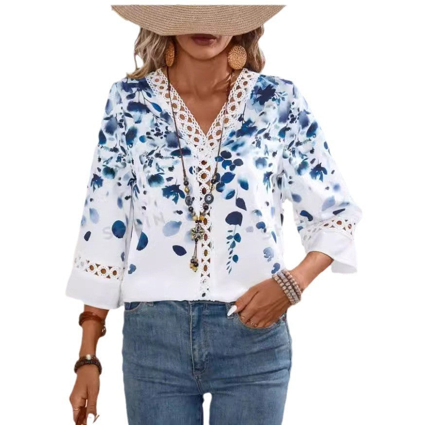 Damen Bluse mit floralem Muster und Spitzenakzenten Sovae