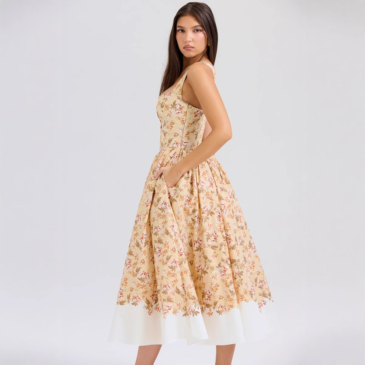 Damen A-line Kleid mit floralem Muster und tailliertem Oberteil Sovae