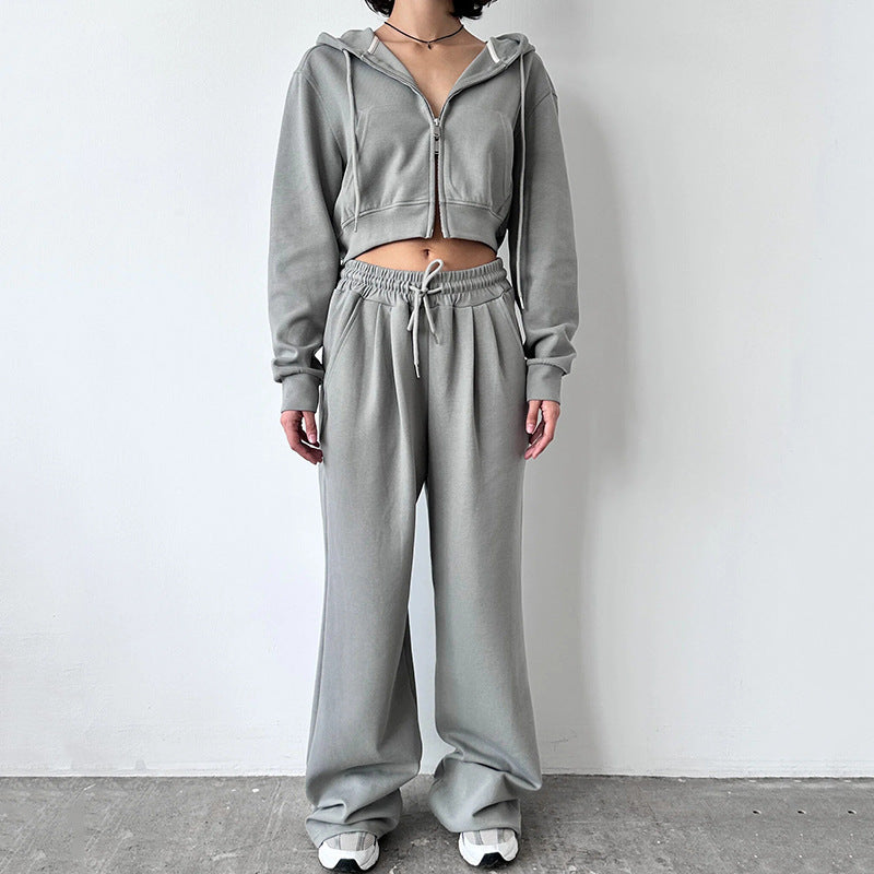 Damen modischer Cropped Hoodie und weit geschnittene Jogginghose Set Sovae