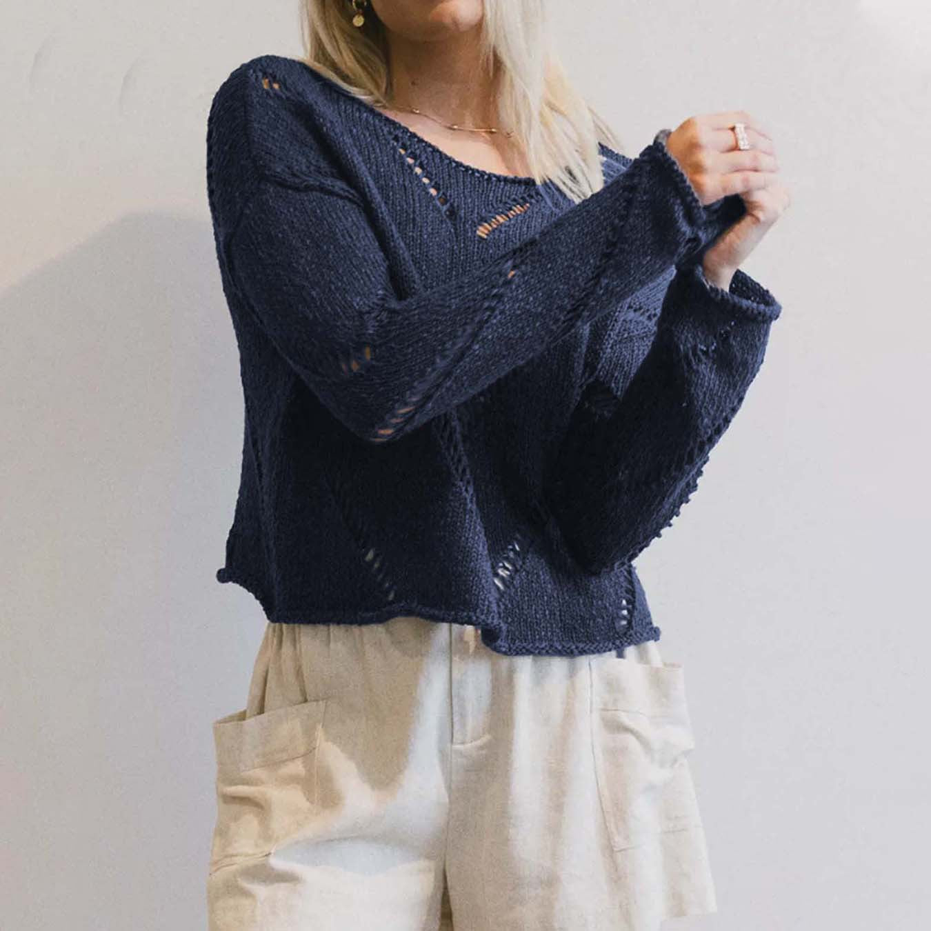 Damen lässiger Strickpullover mit luftiger Maschenstruktur Sovae