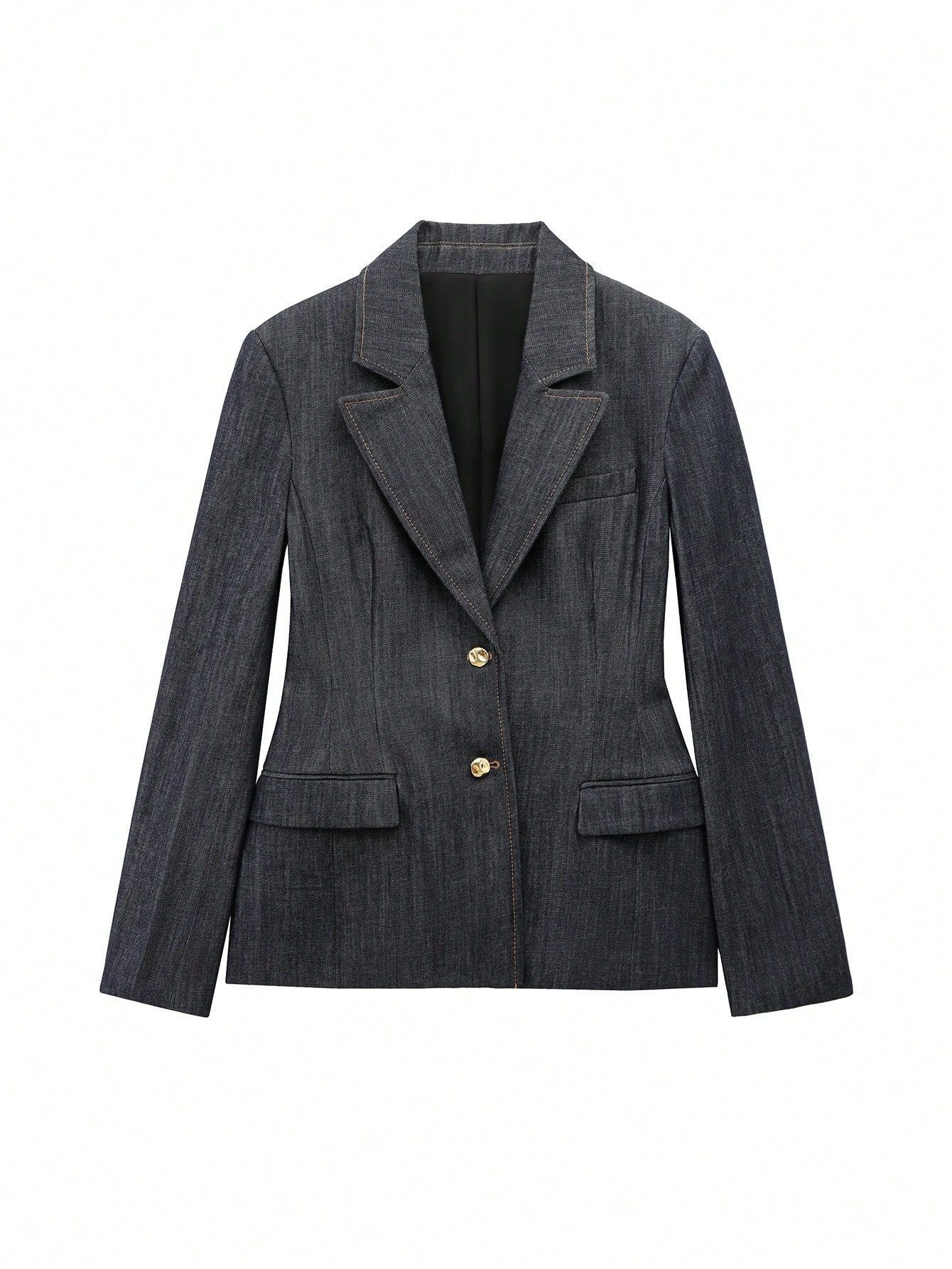 Damen taillierter Jeansblazer mit goldenen Knöpfen und praktischen Taschen Sovae