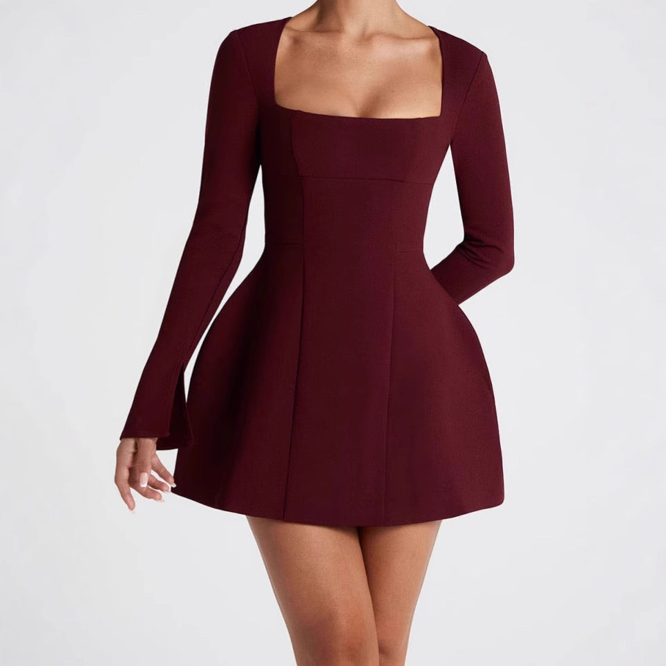 Damen Elegantes Minikleid mit Quadrat-Ausschnitt und ausgestellten Ärmeln Sovae