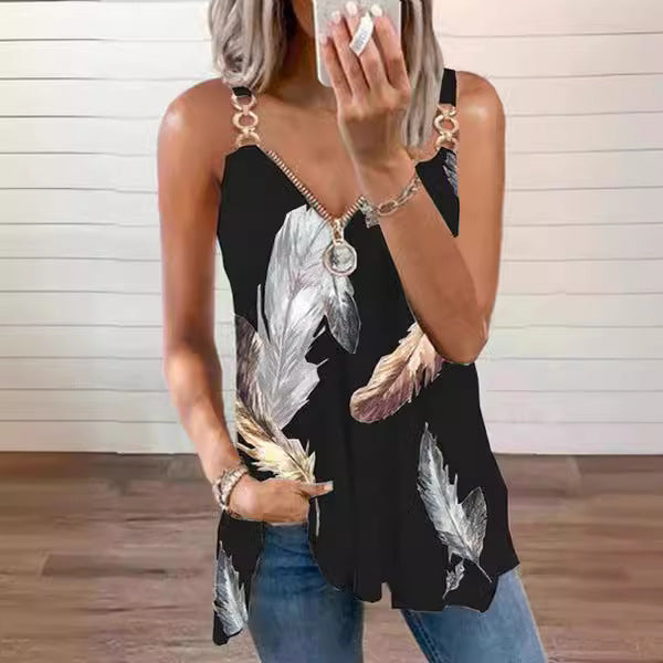 Damen Leichtes Sommertop mit Federmuster und dekorativen Trägern Sovae