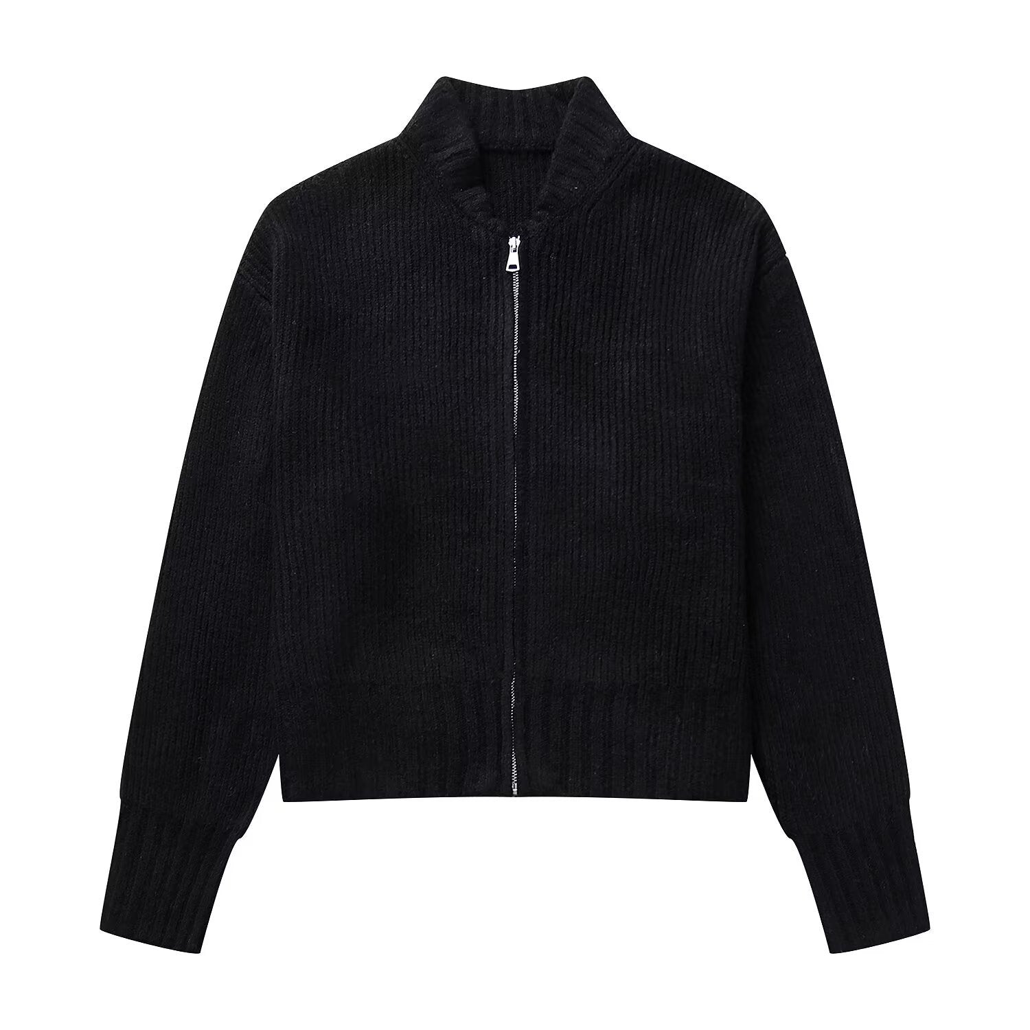 Damen modische Strickjacke mit hohem Kragen und Reißverschluss Sovae