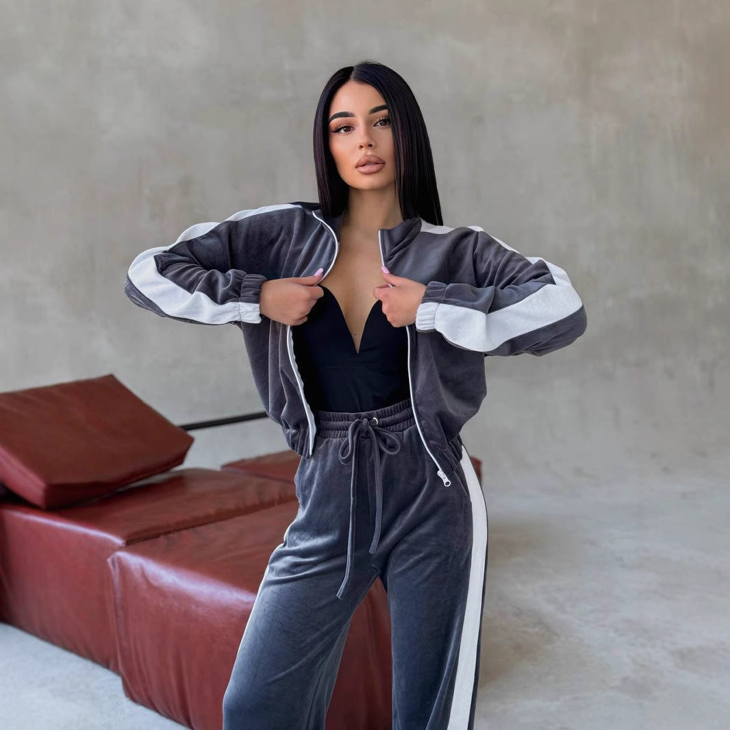 Damen Velours Freizeitanzug mit Reißverschluss Sovae