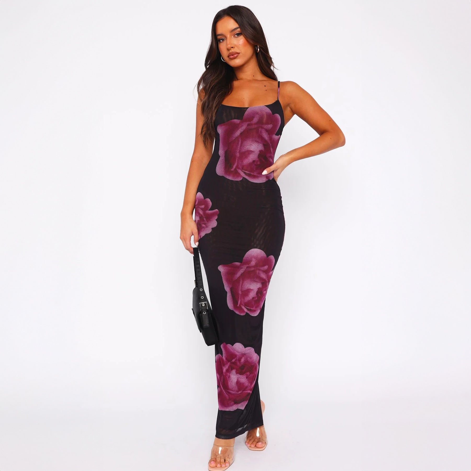 Damen Transparente Maxikleid mit floralem Design und feinen Spaghettiträgern Sovae