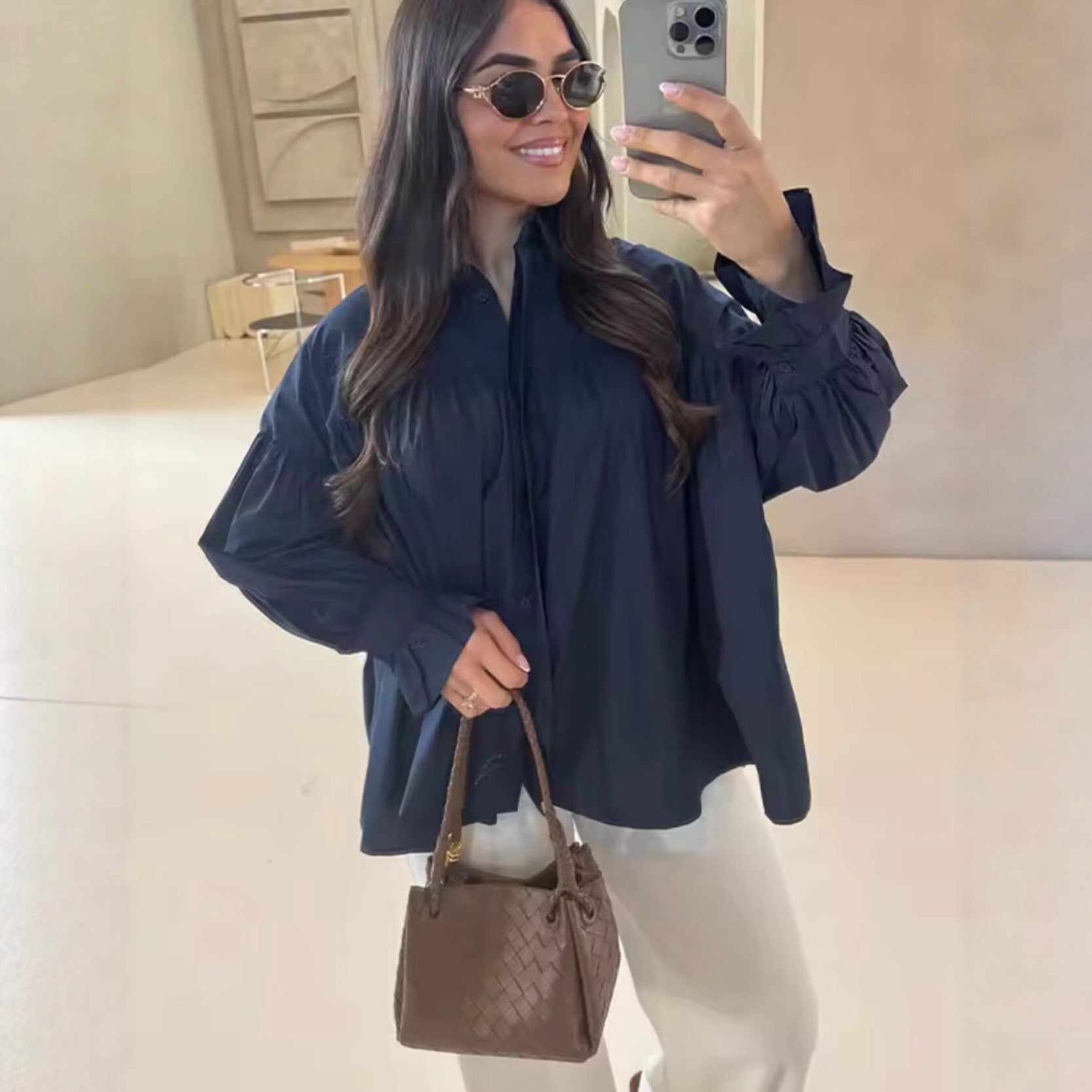 Damen lässige Bluse mit eleganten Rüschendetails und hohem Kragen Sovae