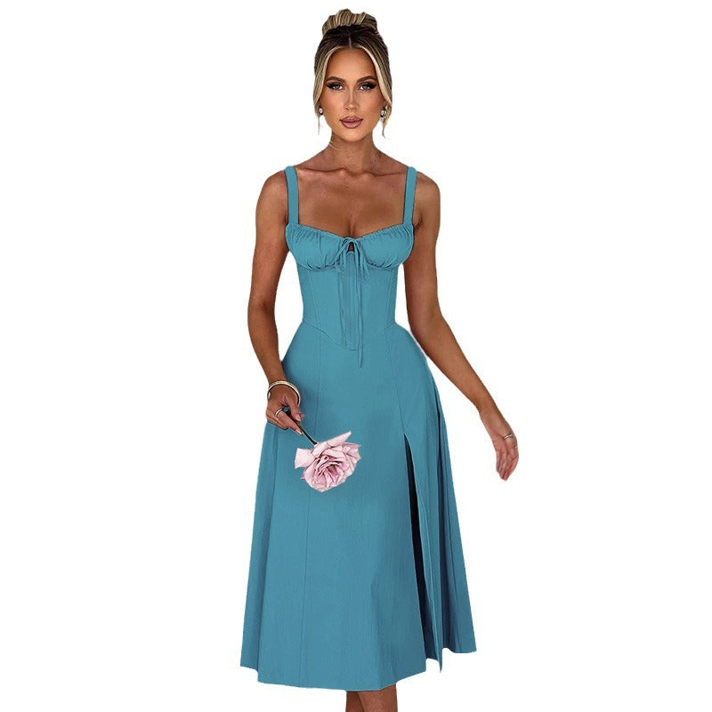 Damen Sommerliches Midi-Kleid mit Raffungen und Seitenschlitzen Sovae