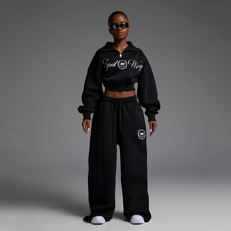 Damen Sportliches Cropped Sweatshirt und lässige Freizeithose Set Sovae