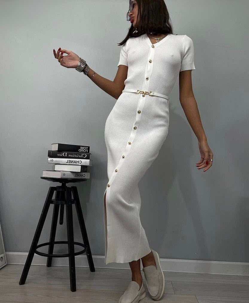 Damen Midi-Kleid mit strukturiertem Rippdesign und Knopfleiste Sovae