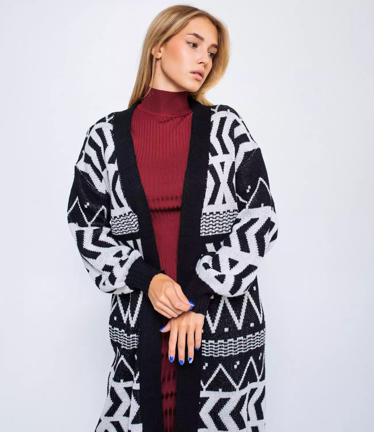 Damen Langer Strickcardigan mit geometrischem Muster und lässigem Schnitt Sovae