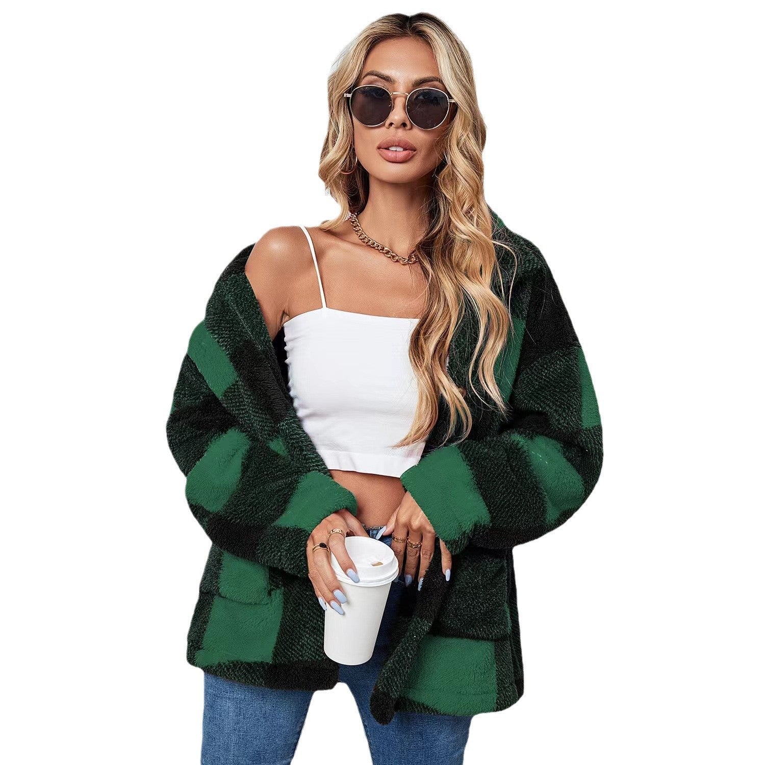 Damen Kuschelige Plüschjacke mit Karomuster Sovae
