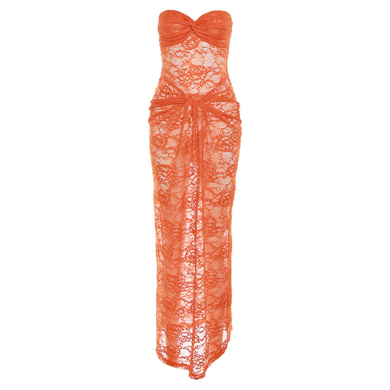 Damen Spitzenmaxikleid mit tiefem Herz-Ausschnitt und elegantem Schlitz Sovae
