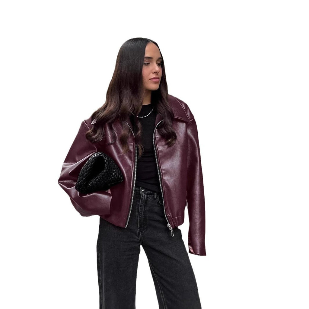 Damen modische Kunstlederjacke mit oversized Schnitt Sovae