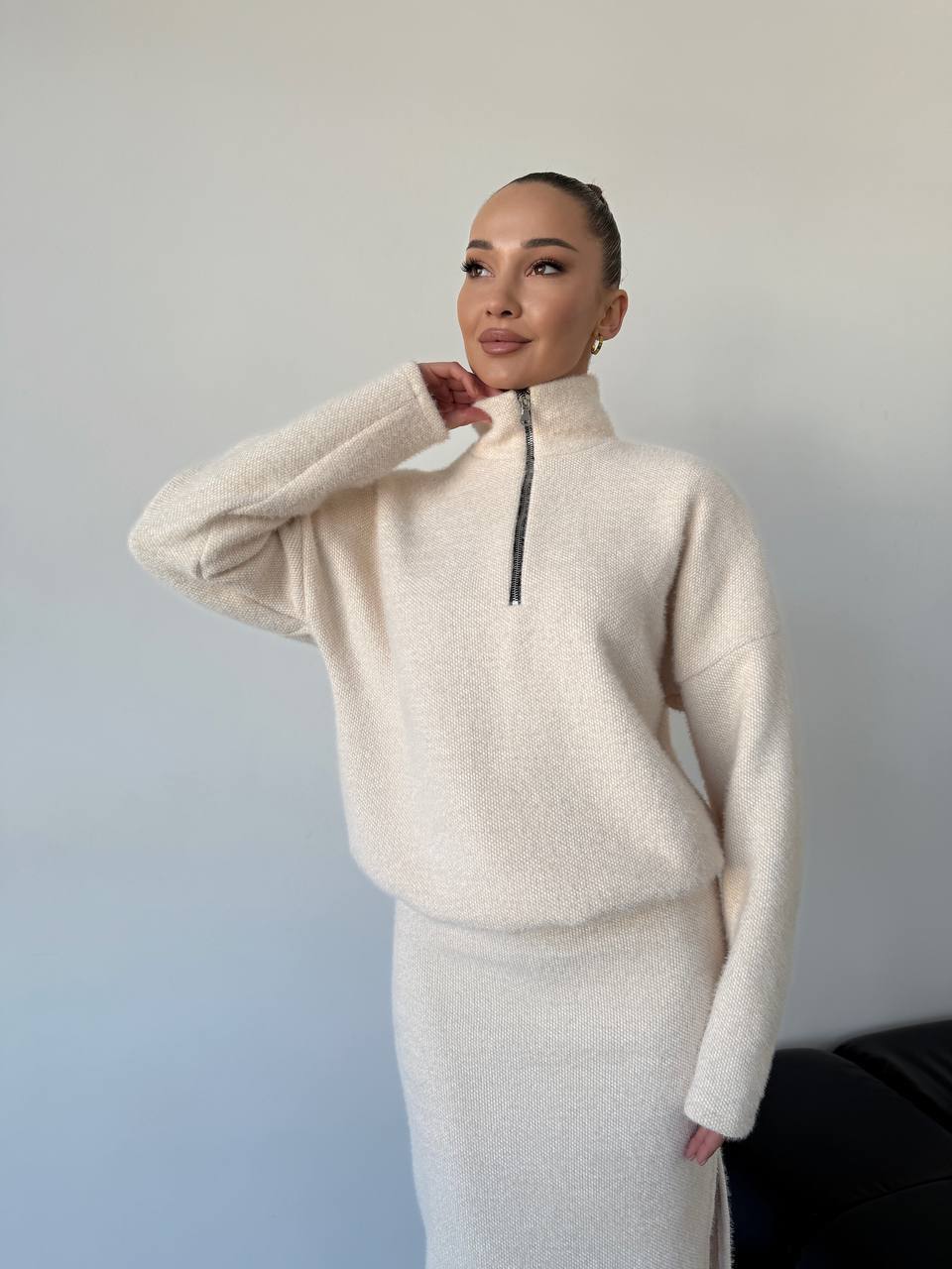 Damen Modischer Strickpullover mit kurzem Reißverschluss Sovae
