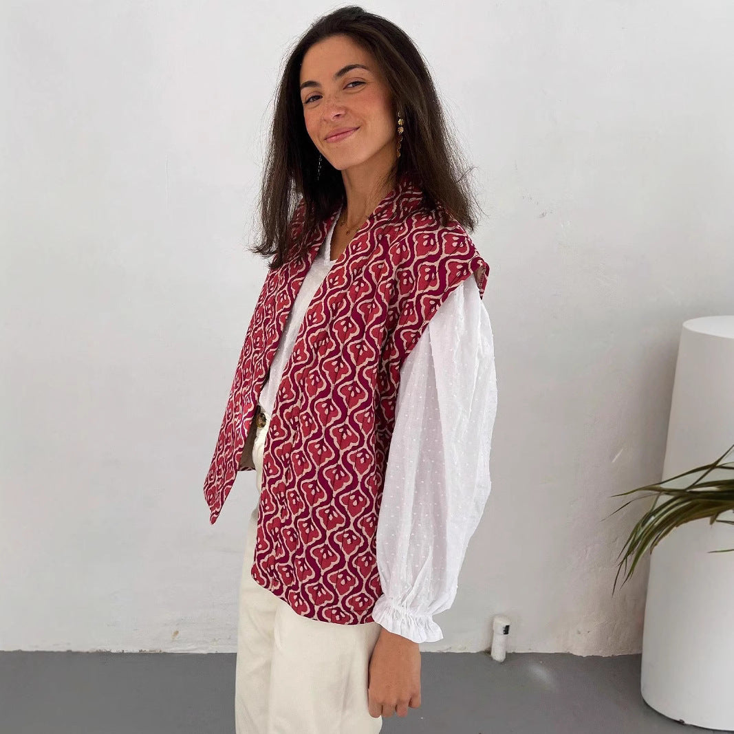 Damen stilvolle ärmellose Longjacke mit floralen Mustern Sovae