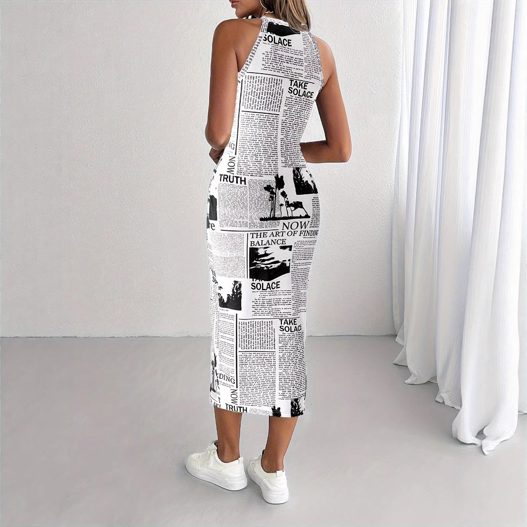 Damen Sportliches Maxikleid mit Zeitungsdruck Sovae