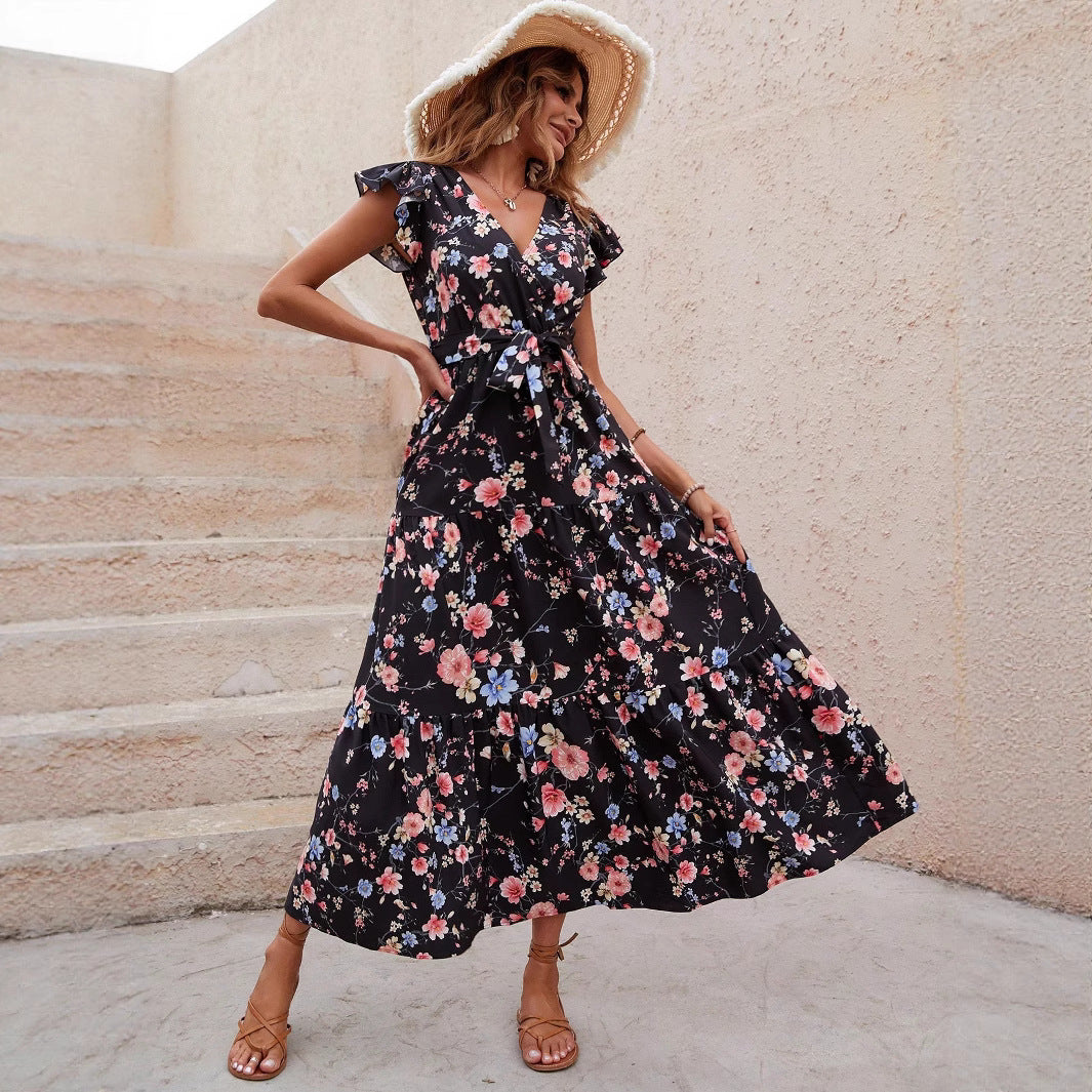 Damen Florales Maxikleid mit tiefem V-Ausschnitt und Rüschendetails Sovae