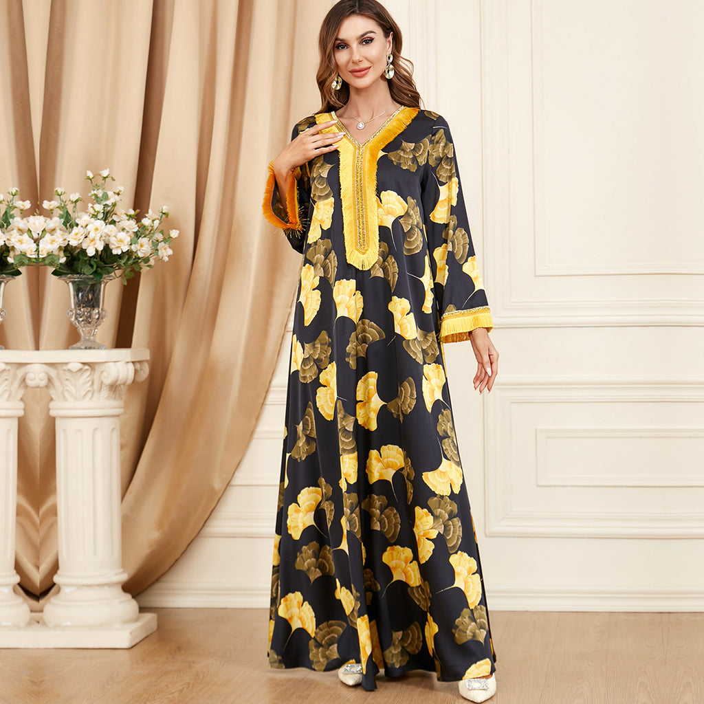 Damen Lange Kaftanrobe mit floralem Muster und goldenen Verzierungen Sovae