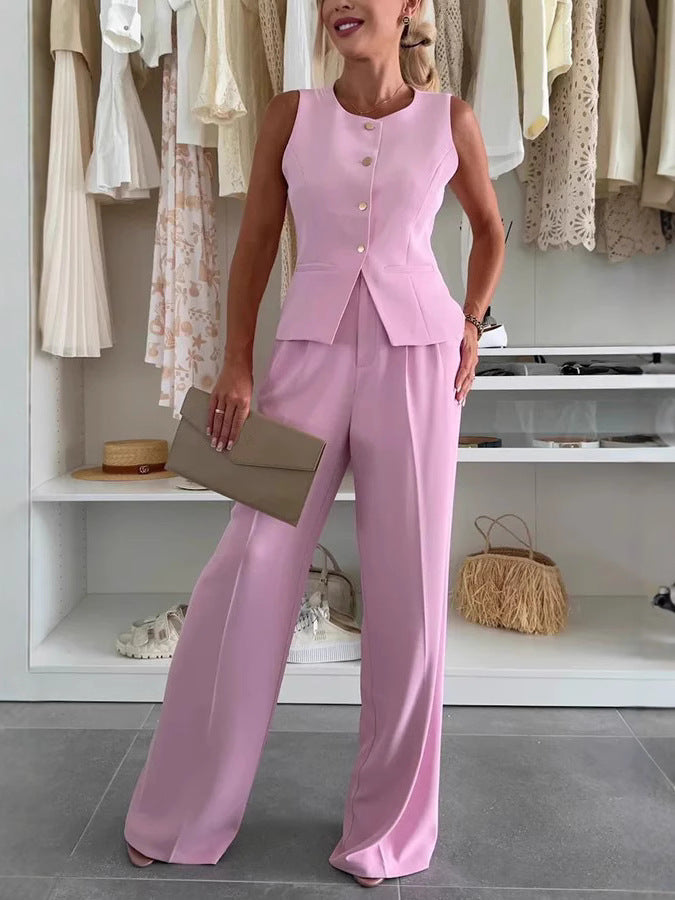 Damen elegantes Anzug-Set mit tailliertem Blazer und weiter Hose Sovae
