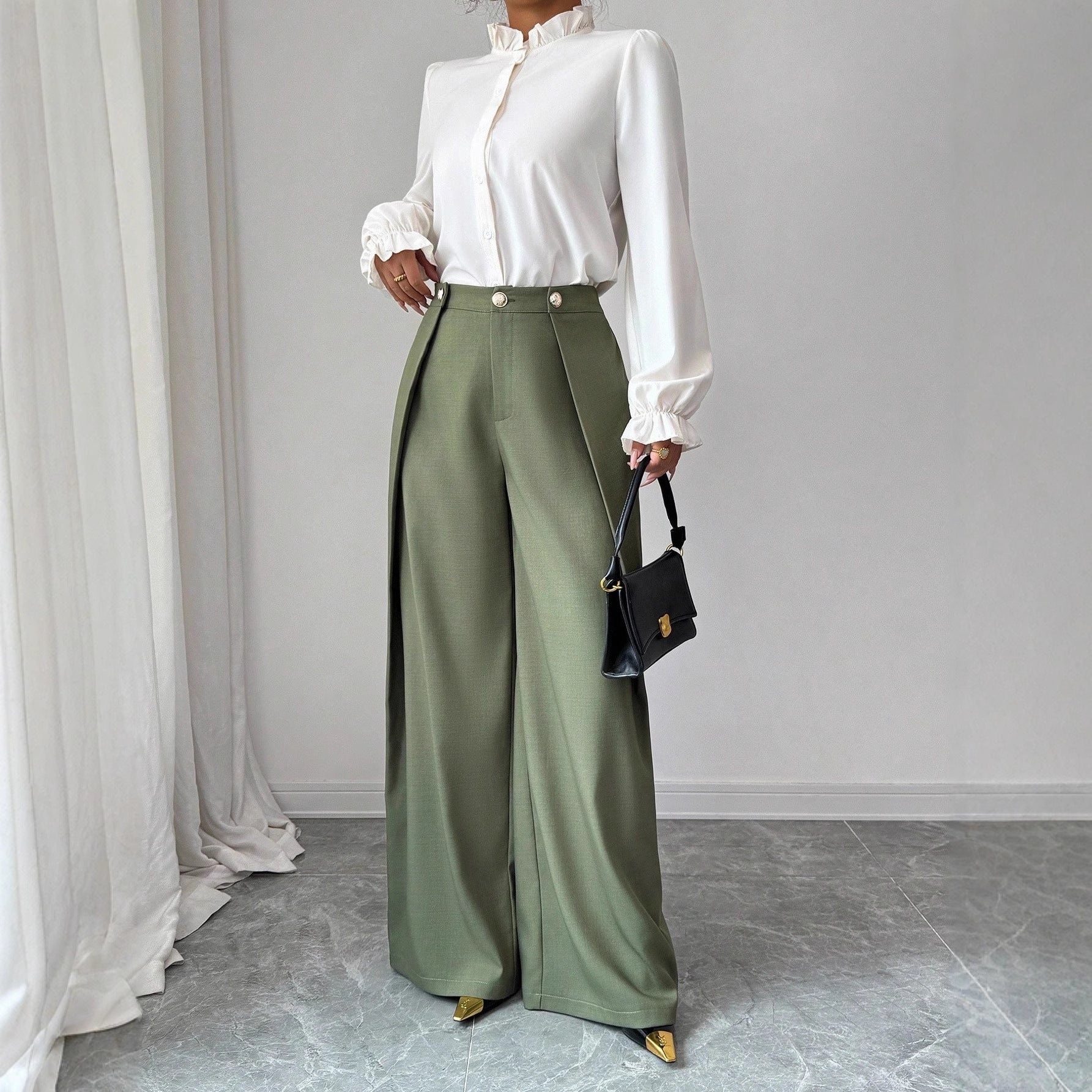 Damen elegante, hochgeschnittene Stoffhose mit Seitenschlitzen Sovae