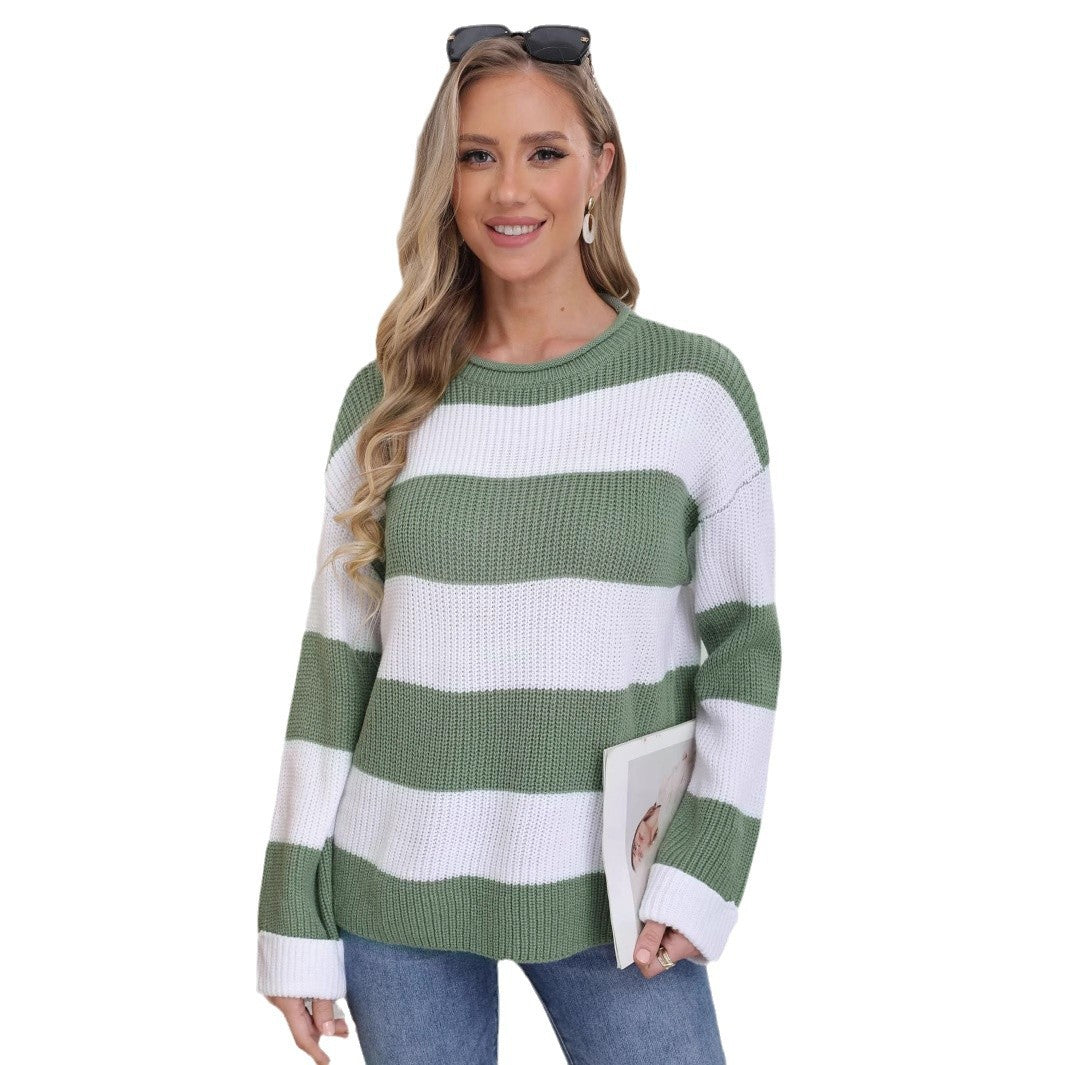 Damen lässiger Strickpullover mit breiten Streifen und lockerer Passform Sovae