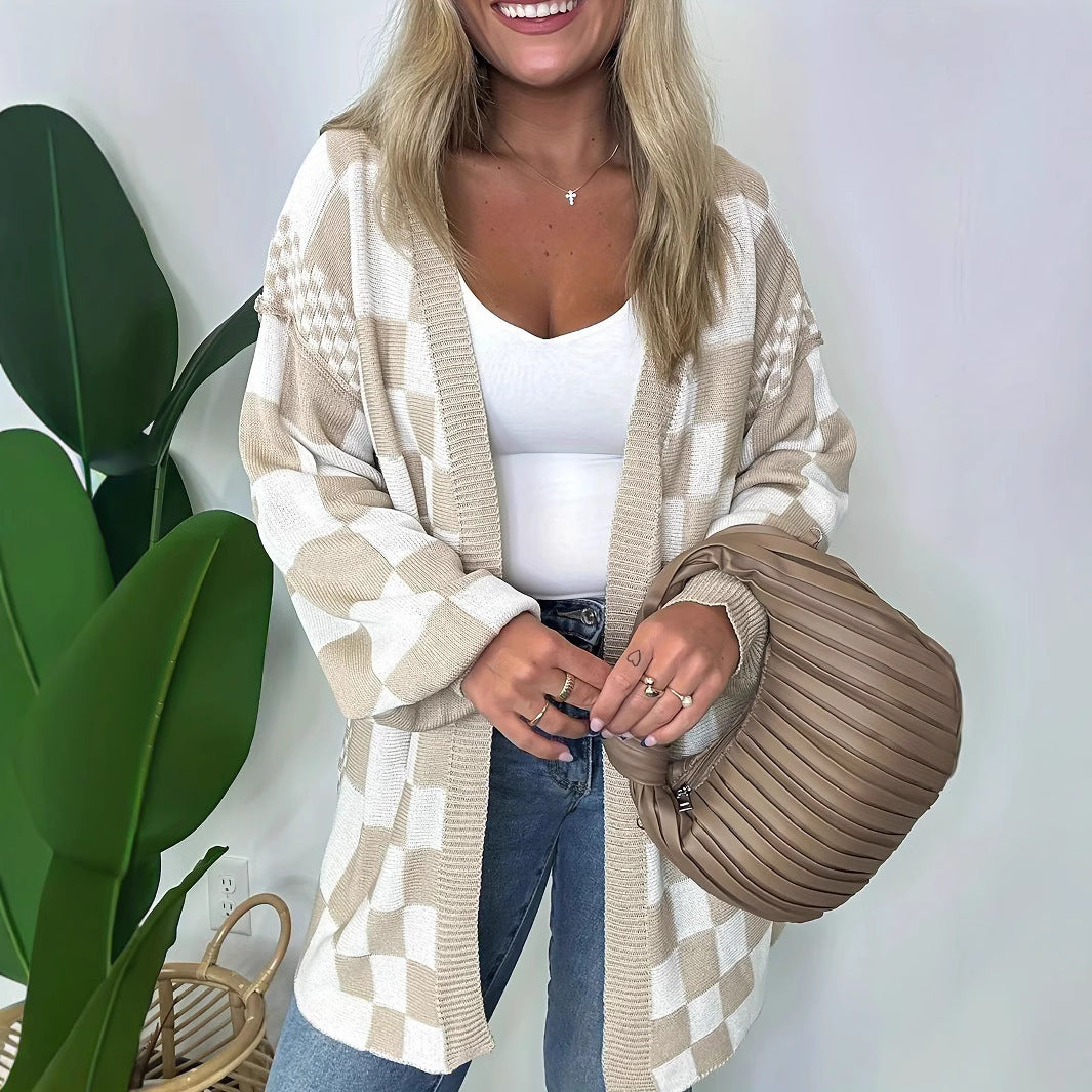 Damen Oversize Strickjacke mit Karomuster Sovae