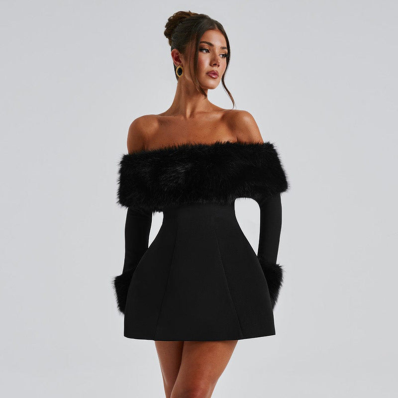 Damen Off-Shoulder Kleid mit eleganter Pelzverzierung Sovae