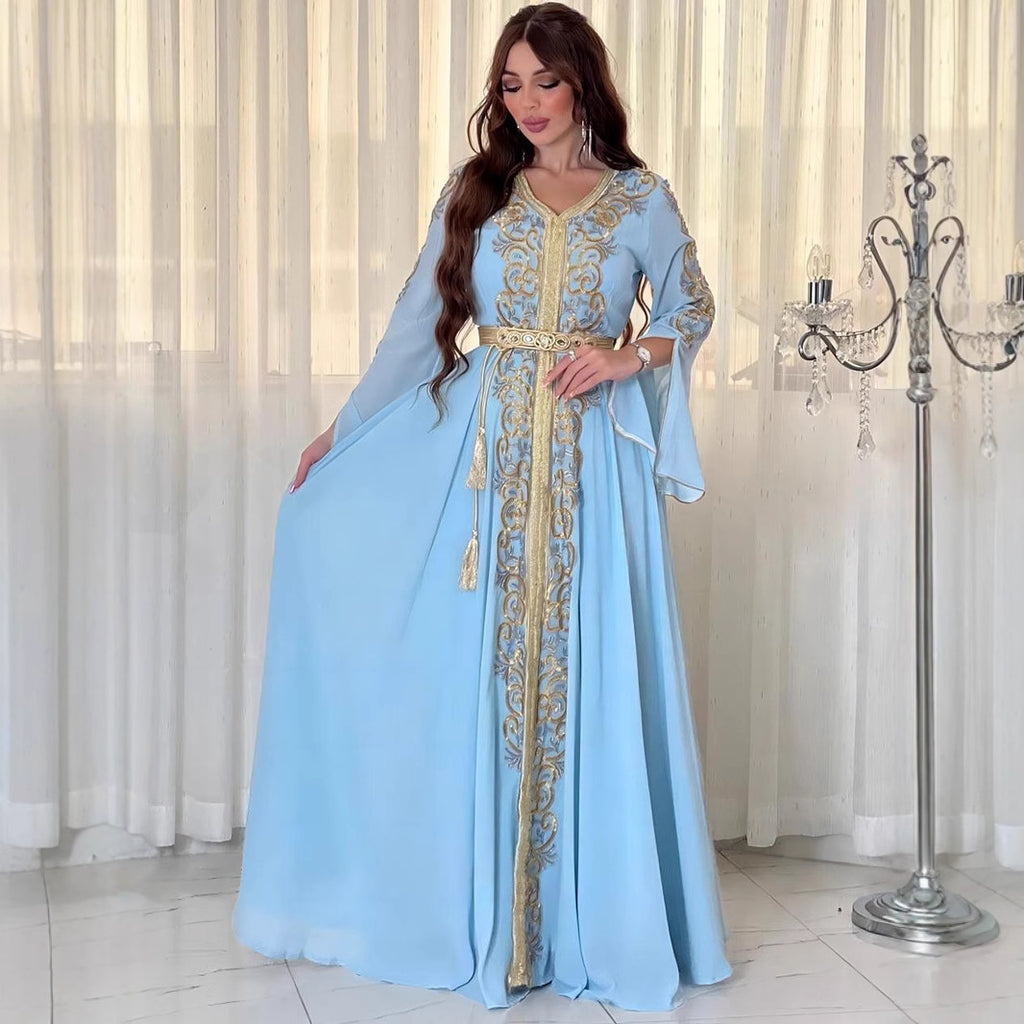 Damen Elegantes, besticktes Maxikleid mit weit schwingenden Ärmeln Sovae