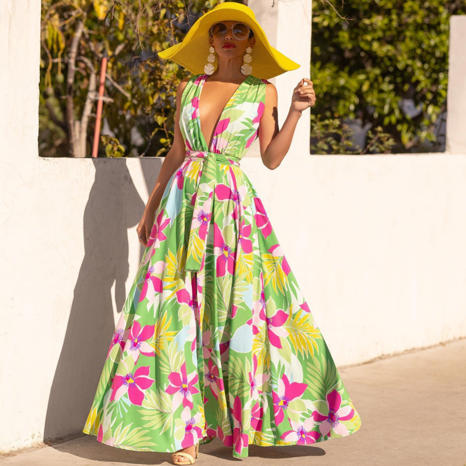 Damen Maxi-Kleid mit tiefer V-Ausschnitt und floralem Muster Sovae