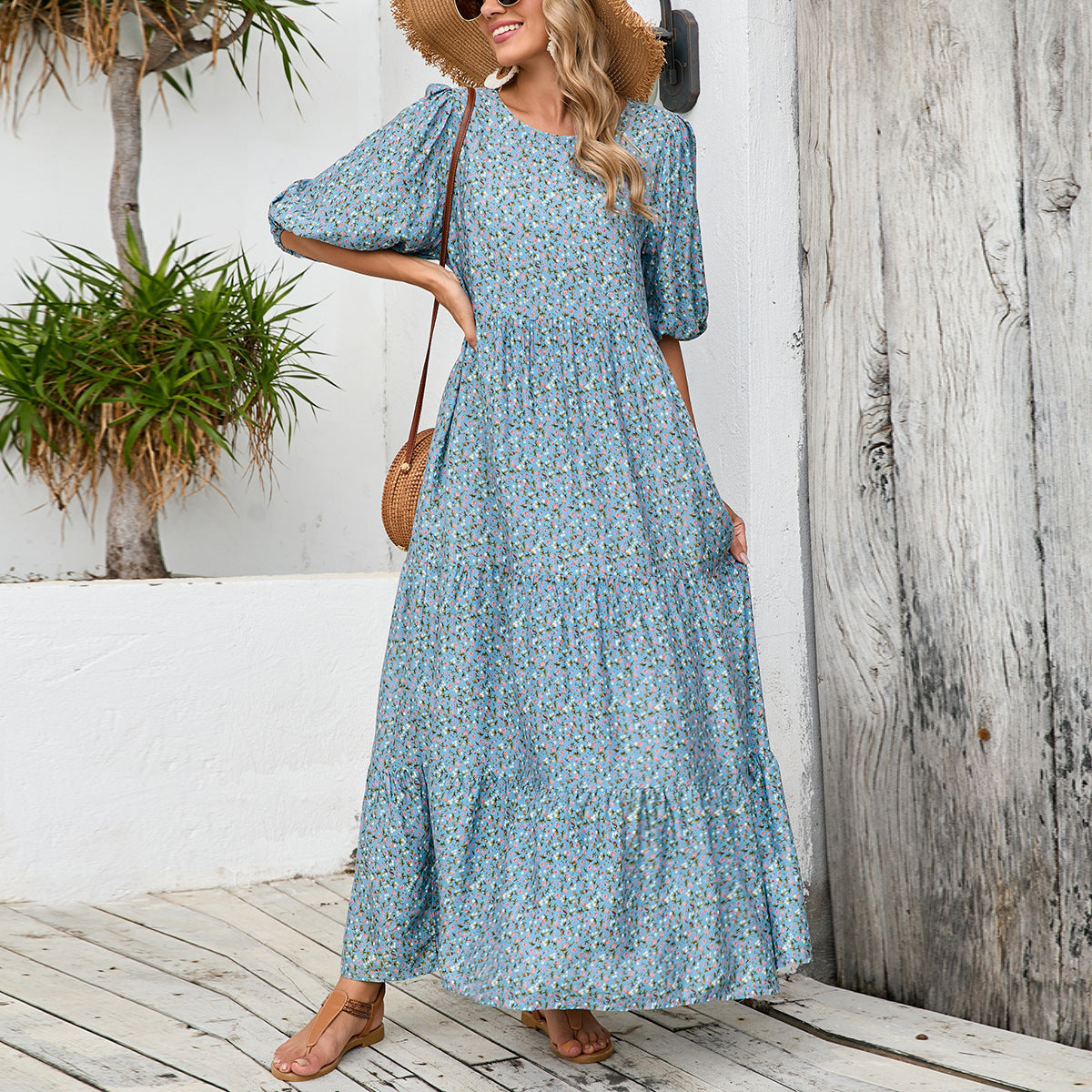 Damen Maxikleid mit Volant und floralen Details Sovae