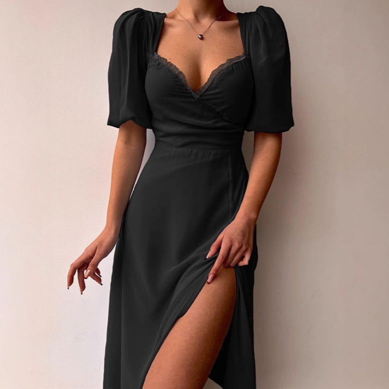 Damen Elegantes Maxikleid mit Puffärmeln und tiefem Schlitz Sovae