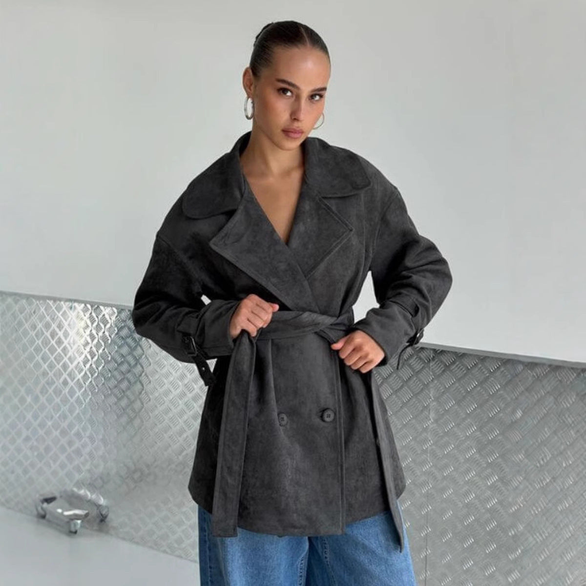 Damen Elegante suède Jacke mit Gürtel Sovae